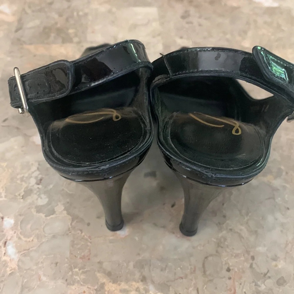 Delman Black Patent Leather Peep Toe Slingback Heels Size 6